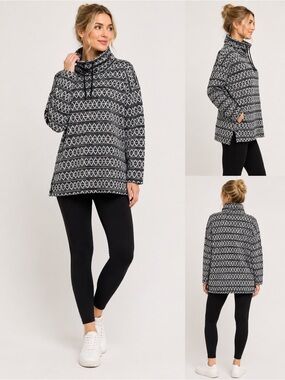 CHAPS Geometric Fair Isle Cowl Neck Cotton Sweater Black White M